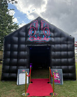 Sydney's premium inflatable nightclub setup with black exterior and neon logo at outdoor venue
